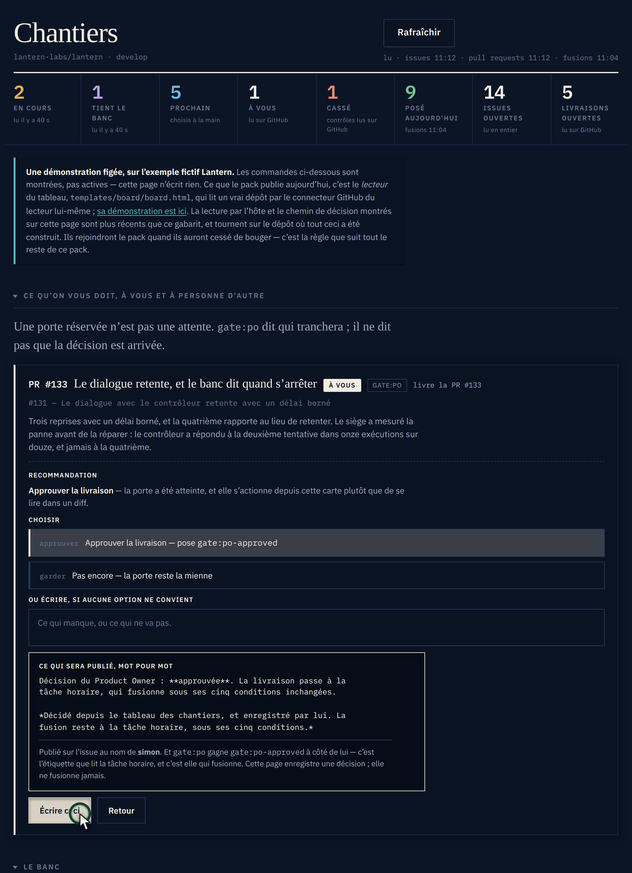 Le tableau sur l'exemple fictif Lantern : huit compteurs, un par état, portant chacun la façon dont il a été lu, et une carte de décision avec un choix approuver ou suspendre et le commentaire exact qu'elle publierait.